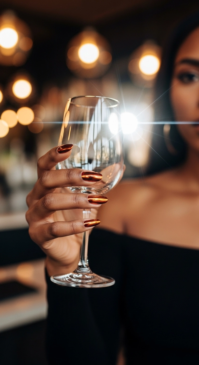 A hand with dark skin and metallic copper nails catching the light in a chic bar.