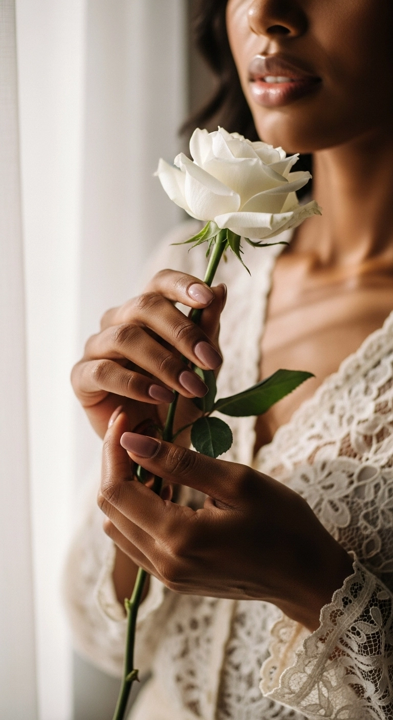 A woman with dark skin and dusty rose nails gently holding a white rose.
