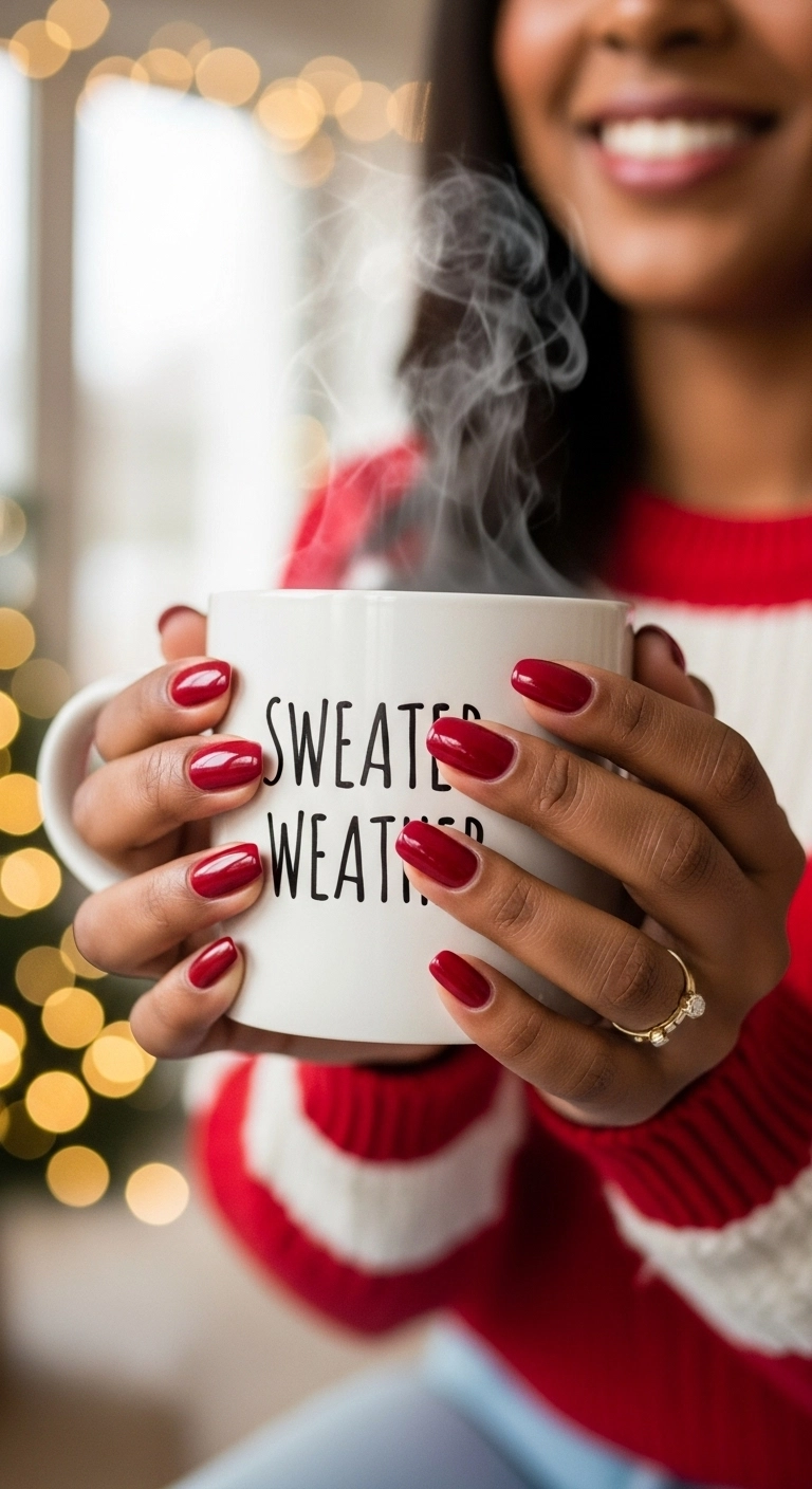 A woman with dark skin and glossy cranberry red nails holding a