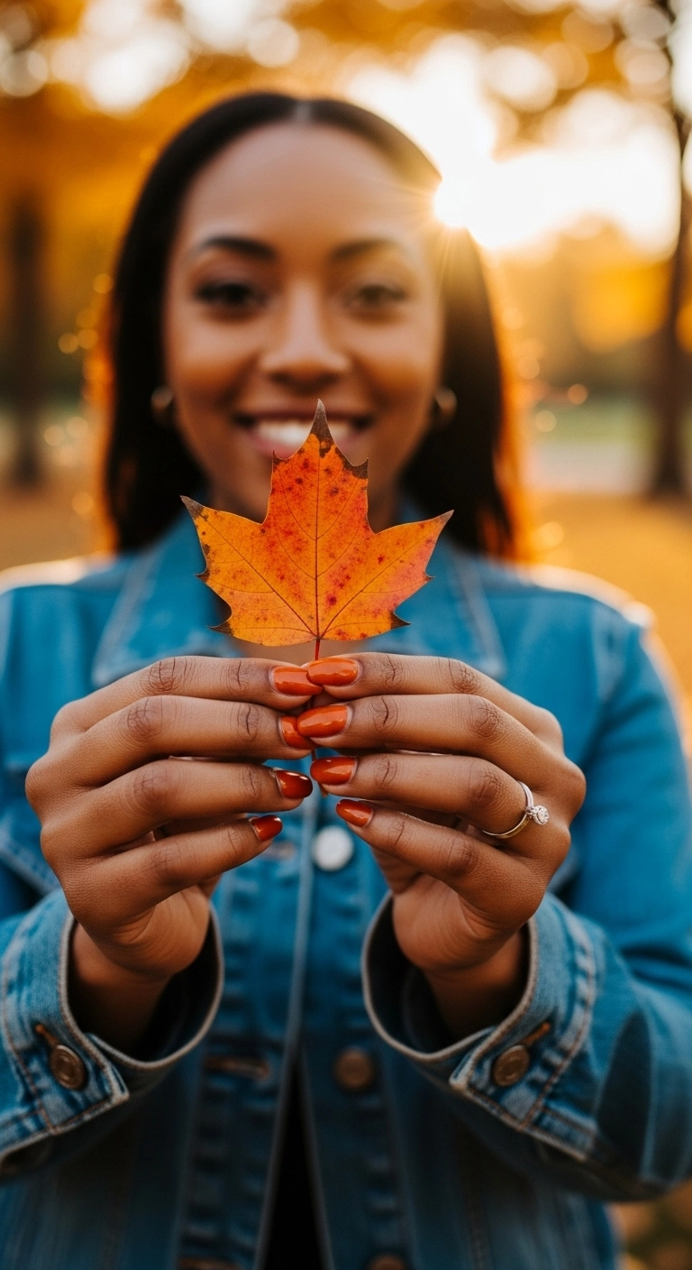 A woman with dark skin holds an autumn leaf, showing off her glossy burnt orange nails.