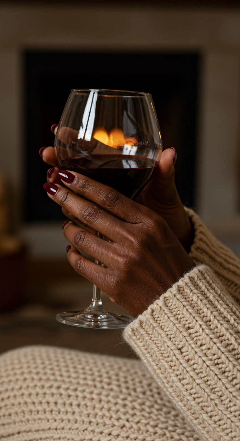 A close-up of a woman with dark skin showcasing her glossy, rich burgundy wine colored nails while holding a wine glass.