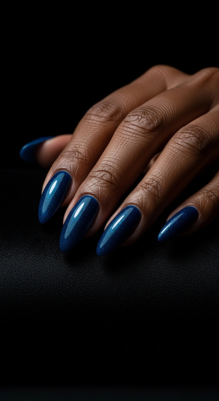 A dramatic shot of a hand with dark skin and shimmery sapphire blue nails on a velvet surface.