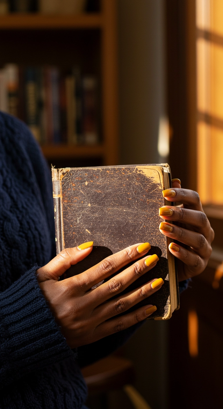 A woman with dark skin holding a book, showcasing her vibrant mustard yellow nails in the sunlight.