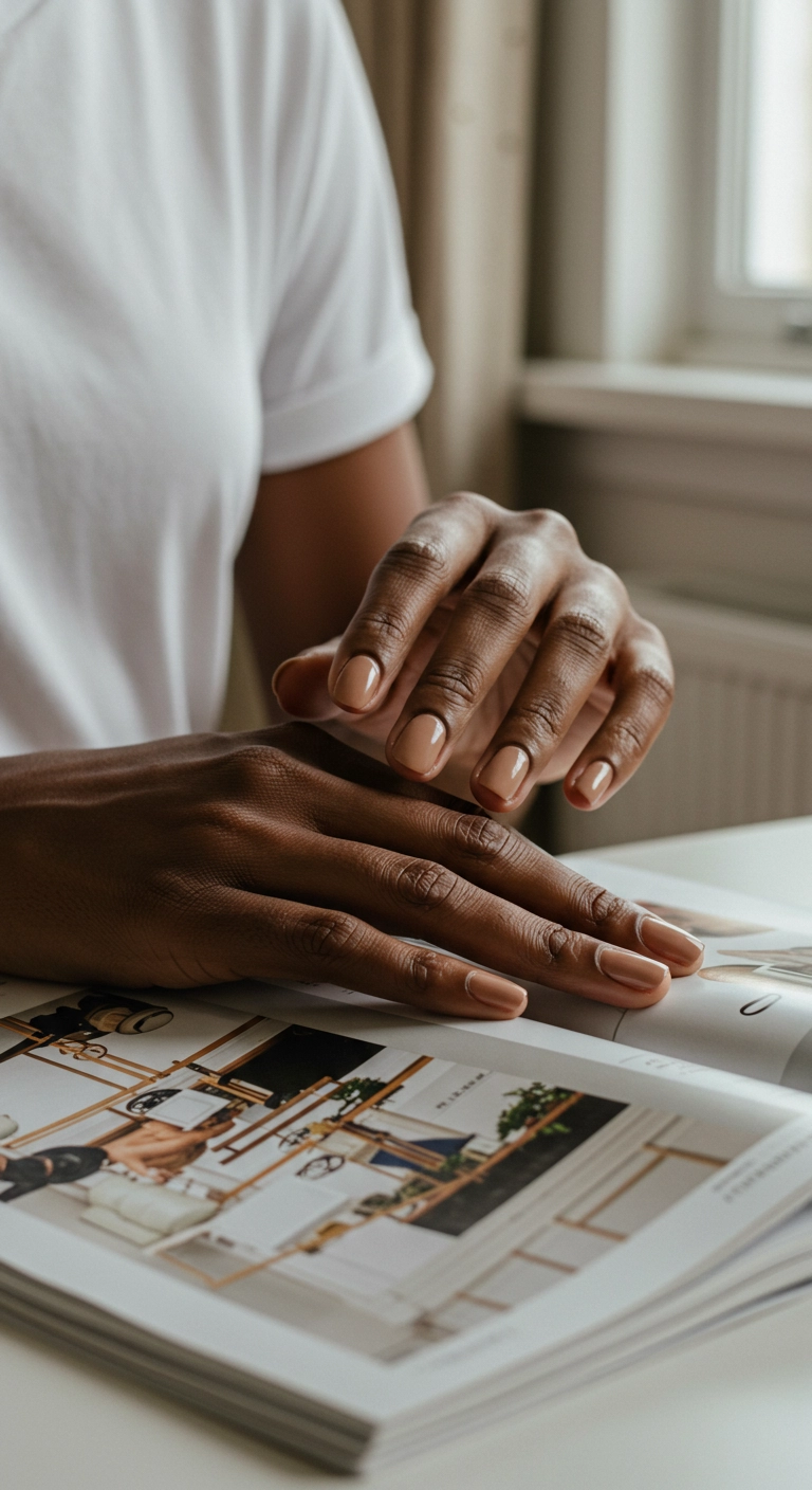 A woman with dark skin showcasing her short, creamy caramel nude nails on a magazine.