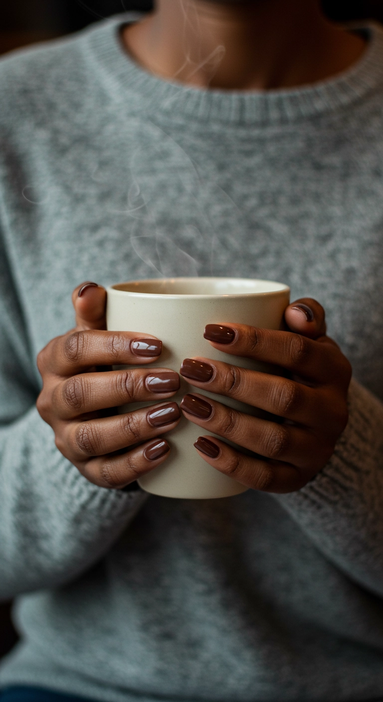 A woman with dark skin wrapping her hands, with chocolate brown nails, around a warm mug.