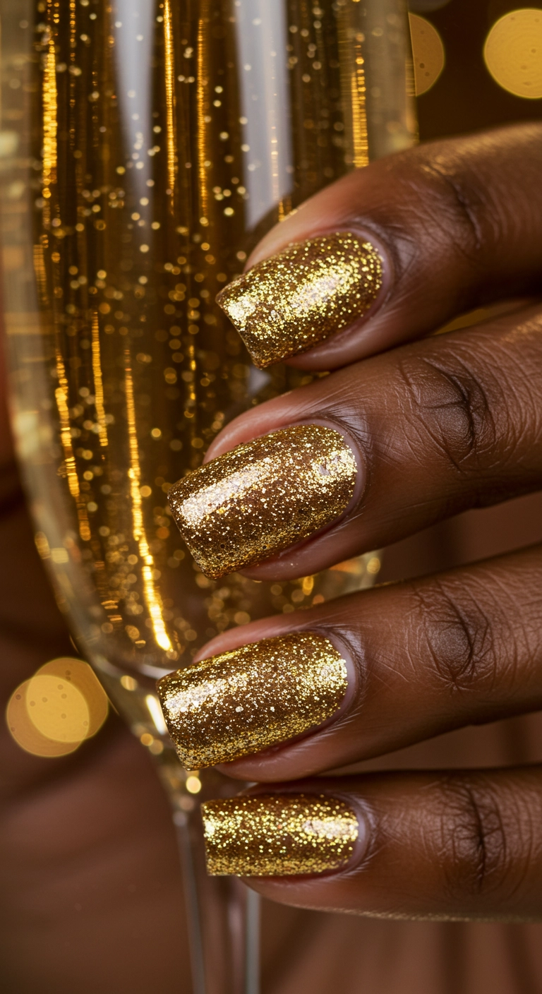 A macro shot of a woman with dark skin with full-coverage gold glitter nails holding a champagne flute.