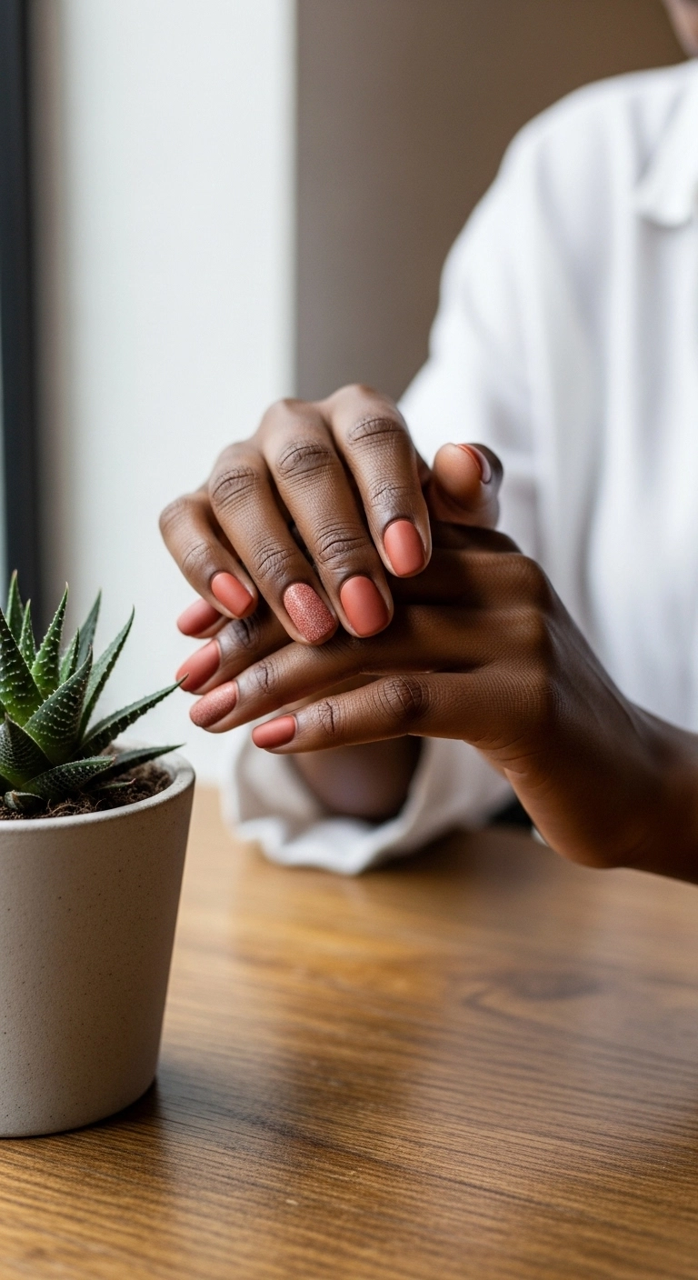 A woman with dark skin with matte terracotta clay colored nails, her hands resting on a wooden table.