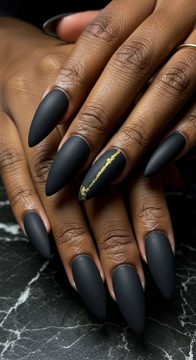 A close-up of matte black stiletto nails with a gold accent on the ring finger of a dark-skinned woman.