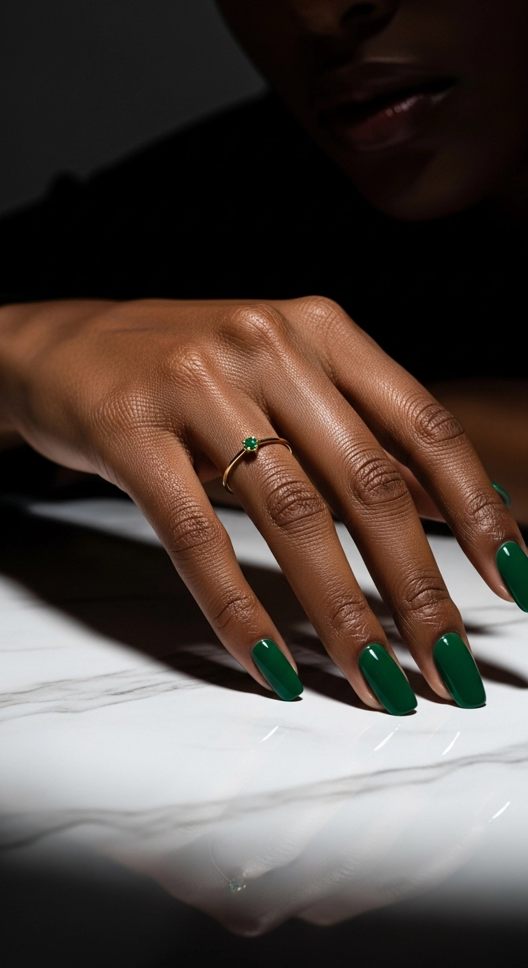 A high-fashion shot of a hand with dark skin and emerald green nails with a gold ring.