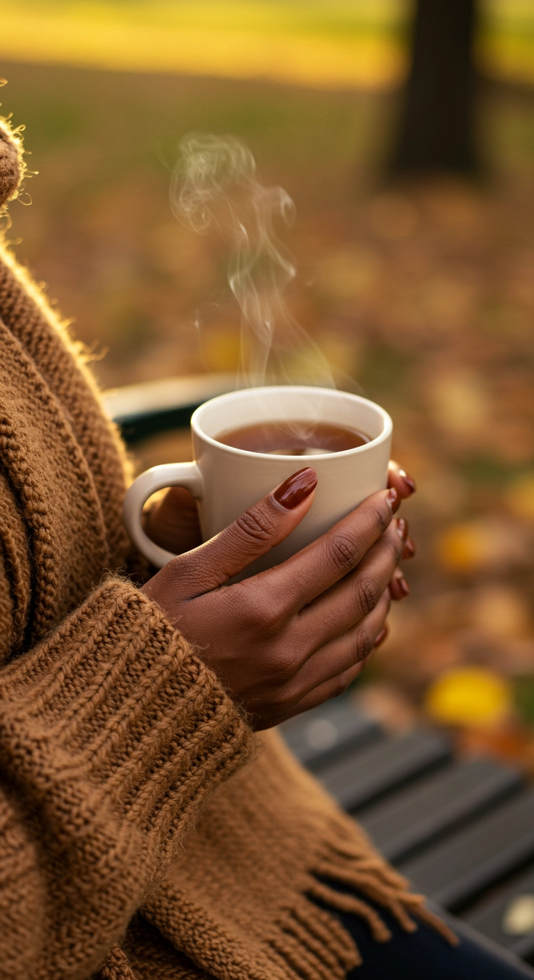 A woman with dark skin and rusty red nails holds a cup of tea on a park bench in autumn.