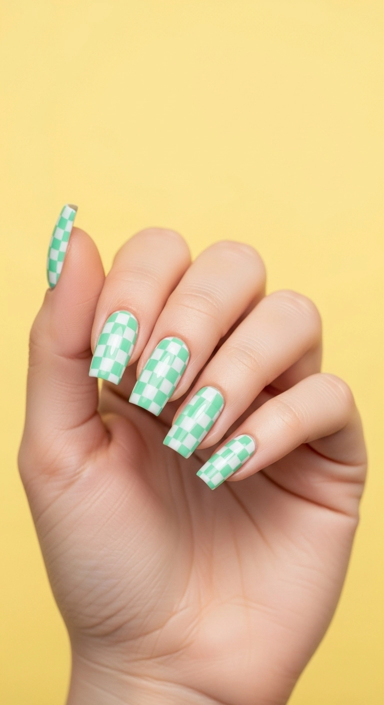 Graphic and trendy square nails with a mint green and white checkerboard pattern.