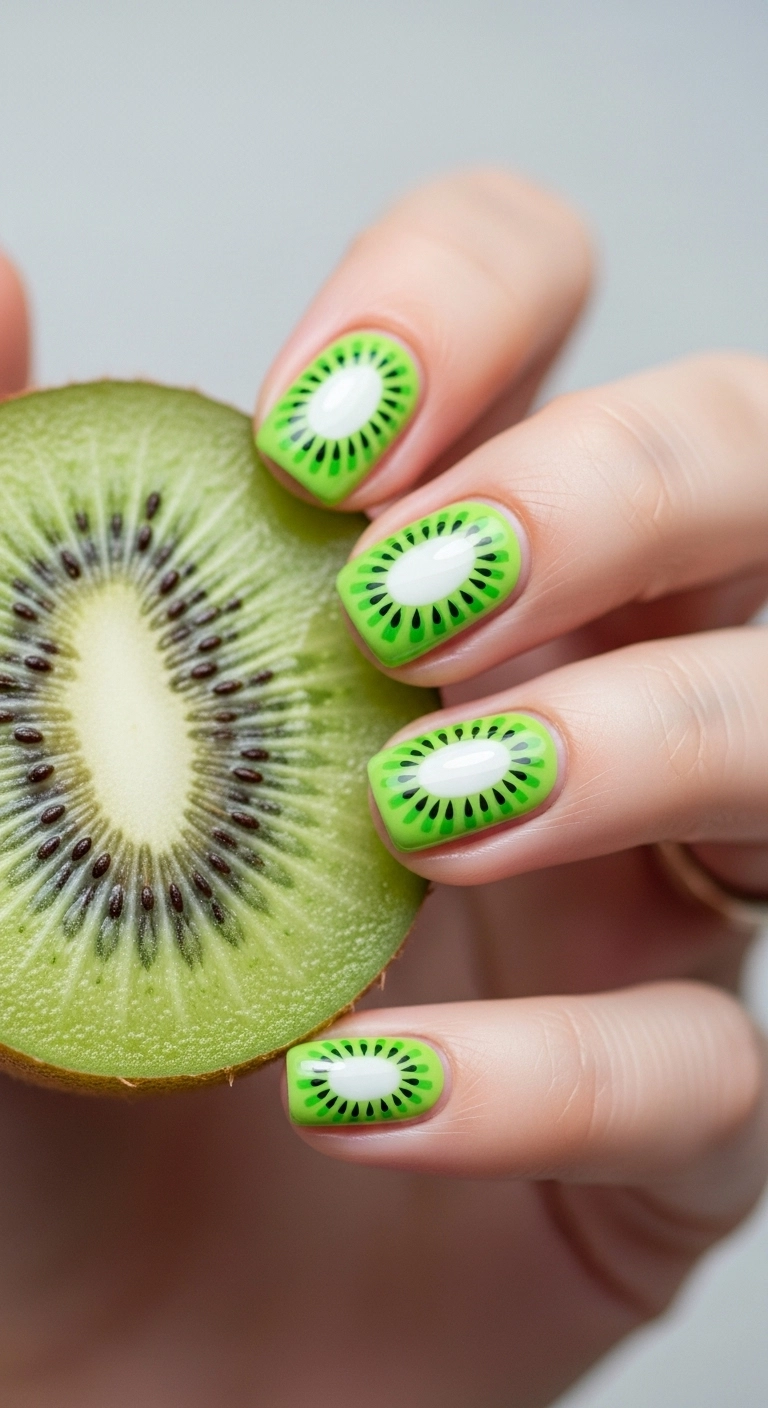Fun macro shot of short nails painted with a realistic and fruity kiwi design.