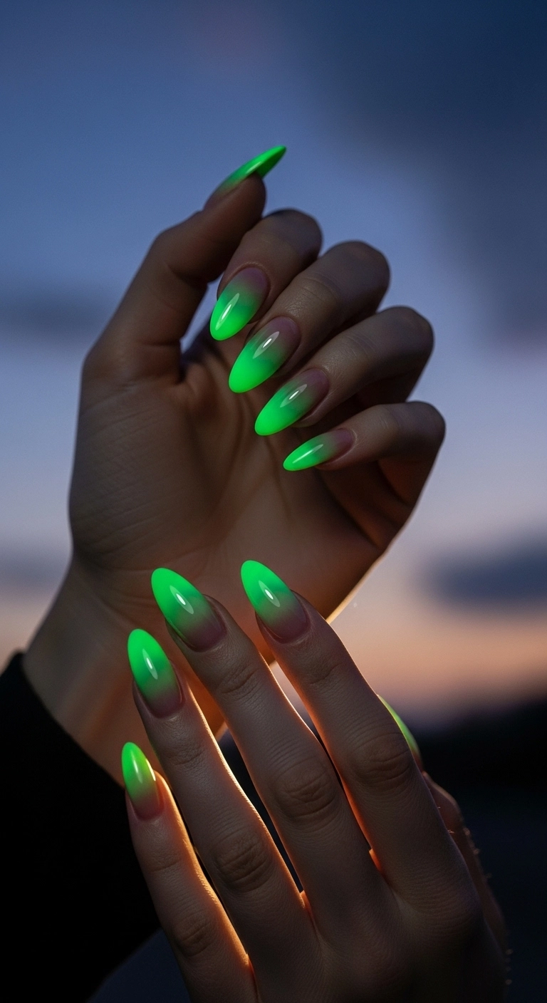 Mystical oval nails with a vibrant green aura design fading to nude.