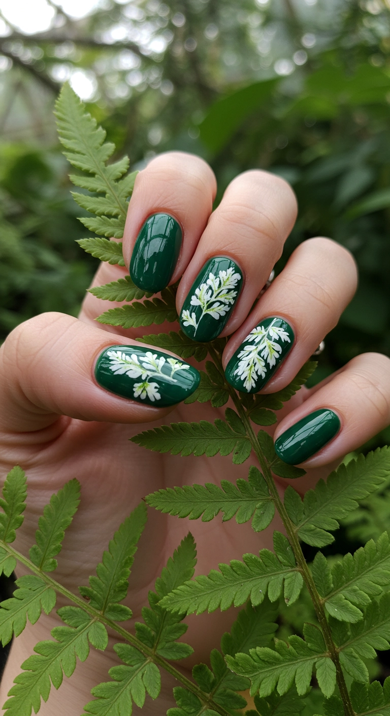 Detailed macro shot of squoval nails with fern green and white botanical leaf prints.