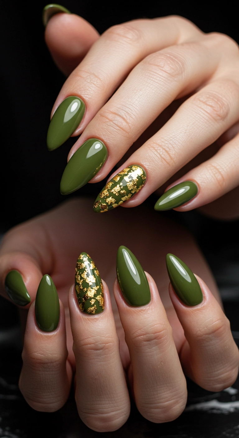 Elegant stiletto nails in olive green with a luxurious gold leaf accent nail.