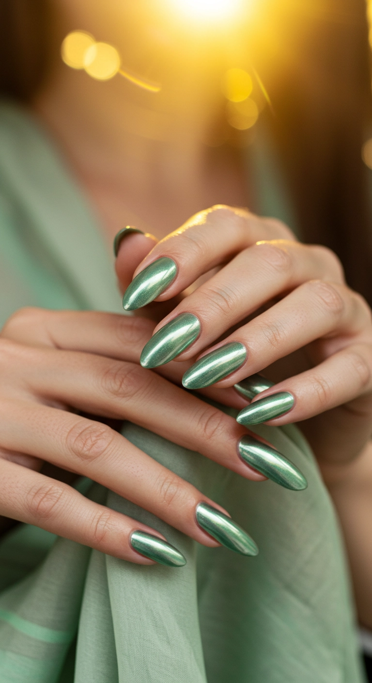 Glamorous almond nails with an iridescent pearly sage green chrome finish.