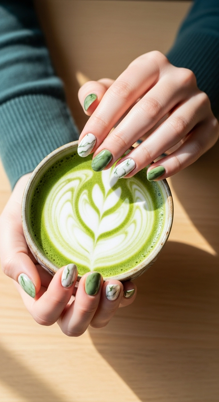 Cozy overhead shot of hands with matcha latte-inspired marble nail art.