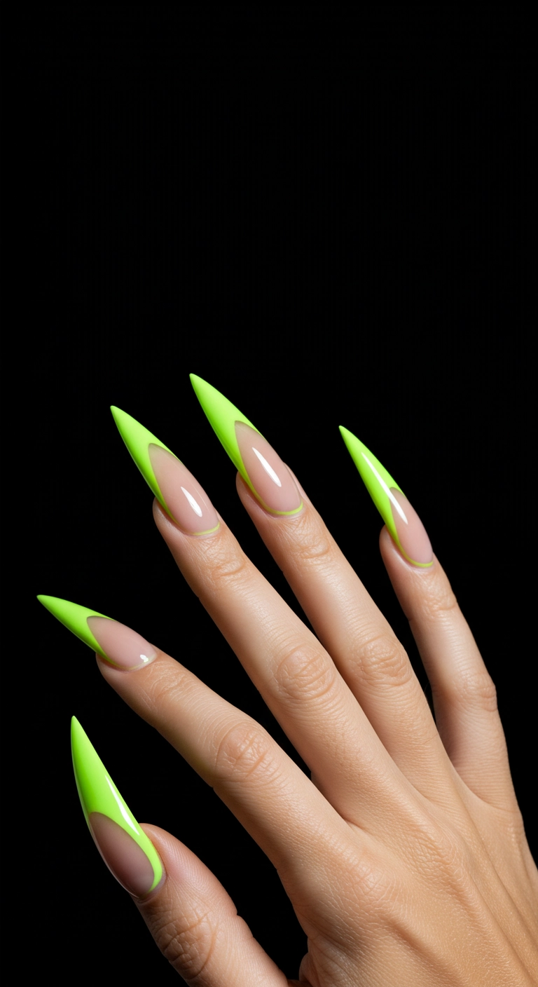 Edgy stiletto nails with a bold and graphic chartreuse green V-shaped French tip.