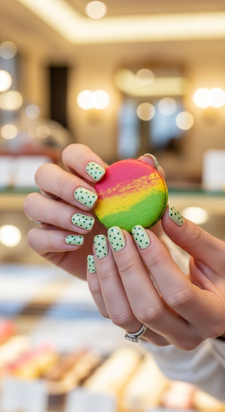 Playful short nails in a creamy pistachio green with tiny white polka dots.