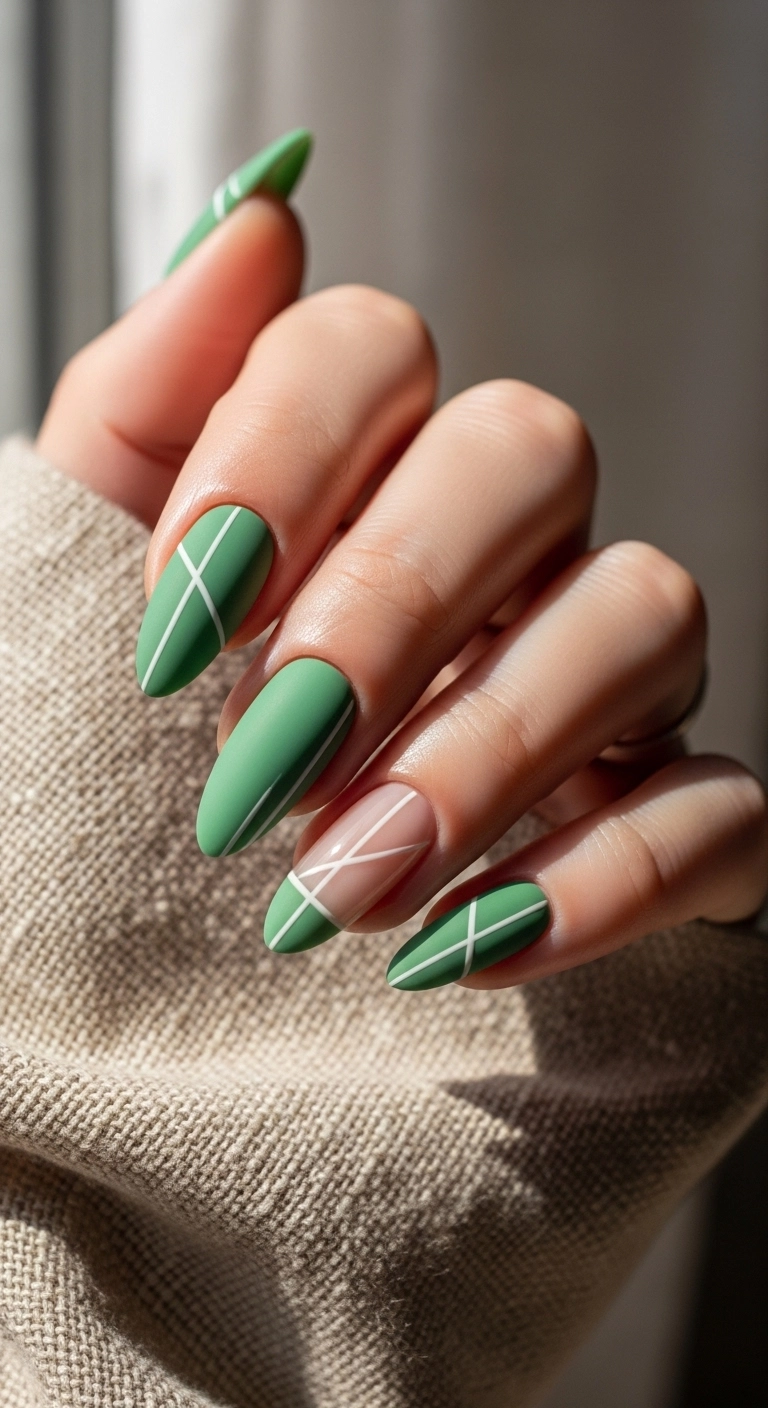 Minimalist almond nails in sage green with abstract white line art.