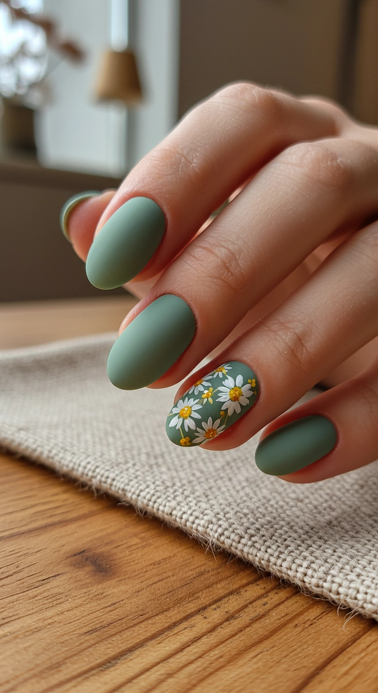 Macro shot of sage green matte nails with a detailed daisy accent nail.