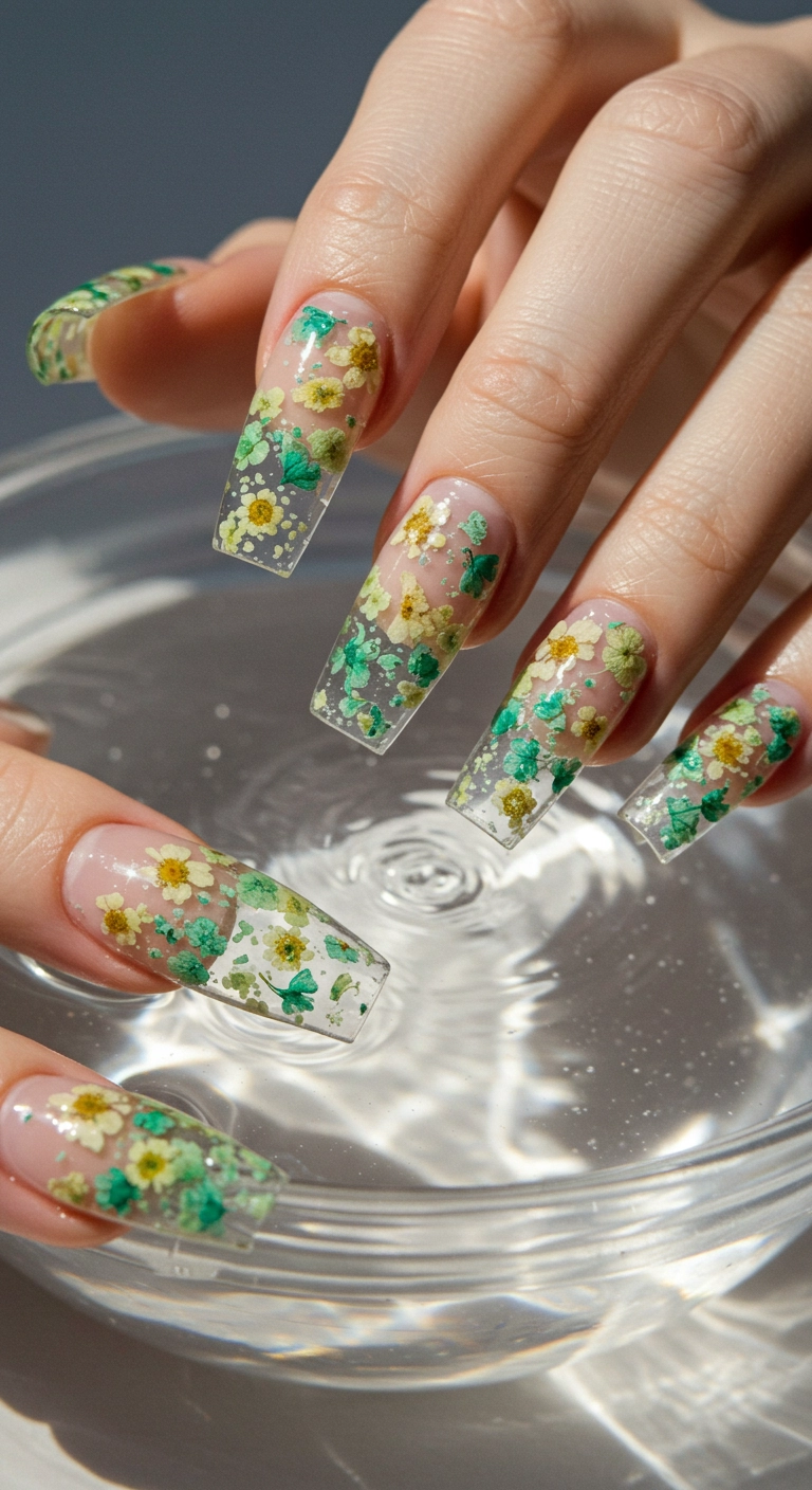 Ethereal long nails with sheer jelly green polish and encapsulated dried flowers.