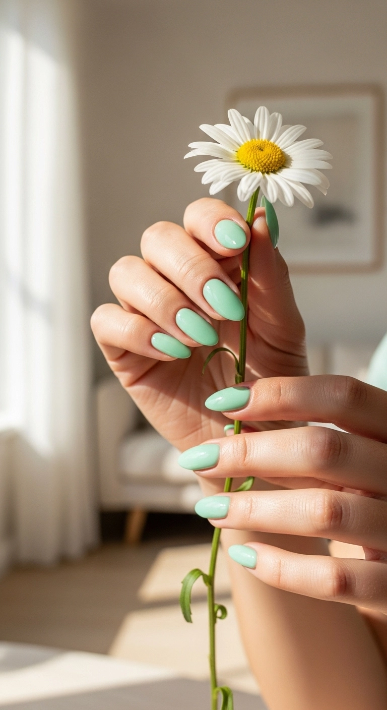 Close-up of manicured hands with modern mint green French tips holding a white daisy.