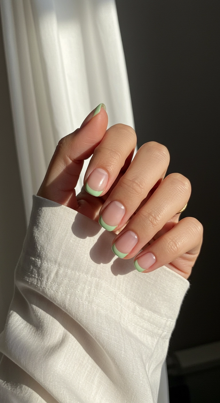 Elegant and minimalist short natural nails with a subtle pistachio green micro French tip.