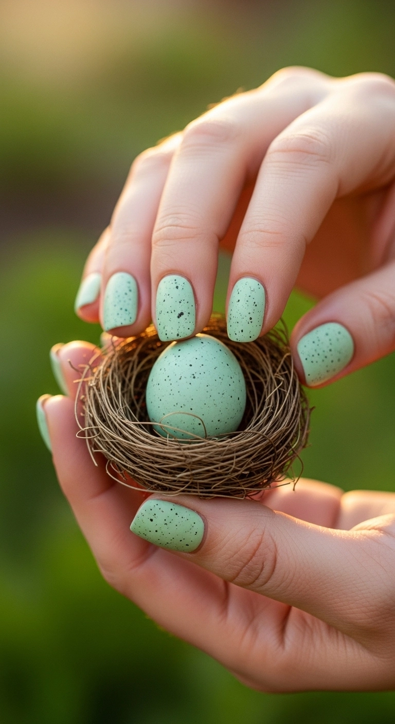 Delicate short nails with a matte robin's egg green speckled design.