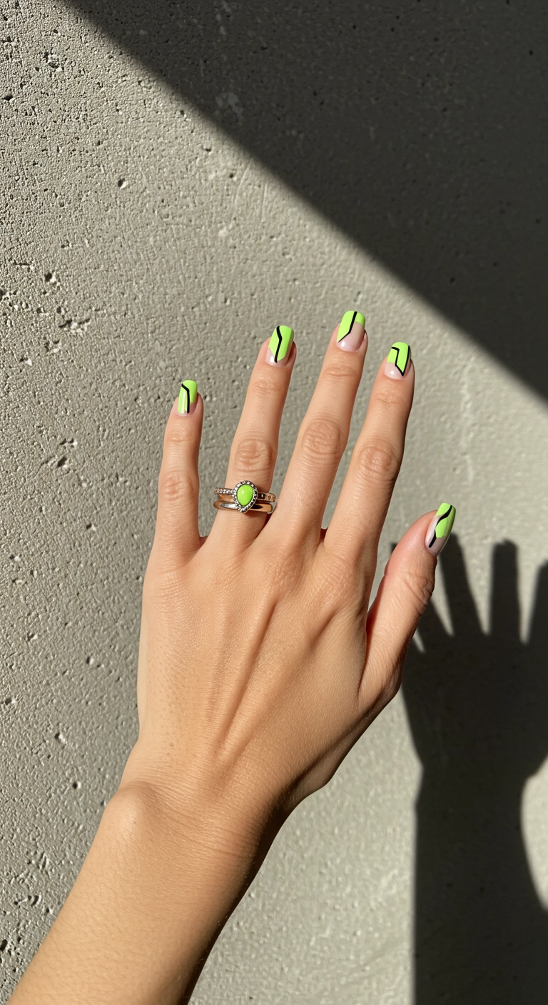 Modern short square nails with a minimalist lime green negative space design.