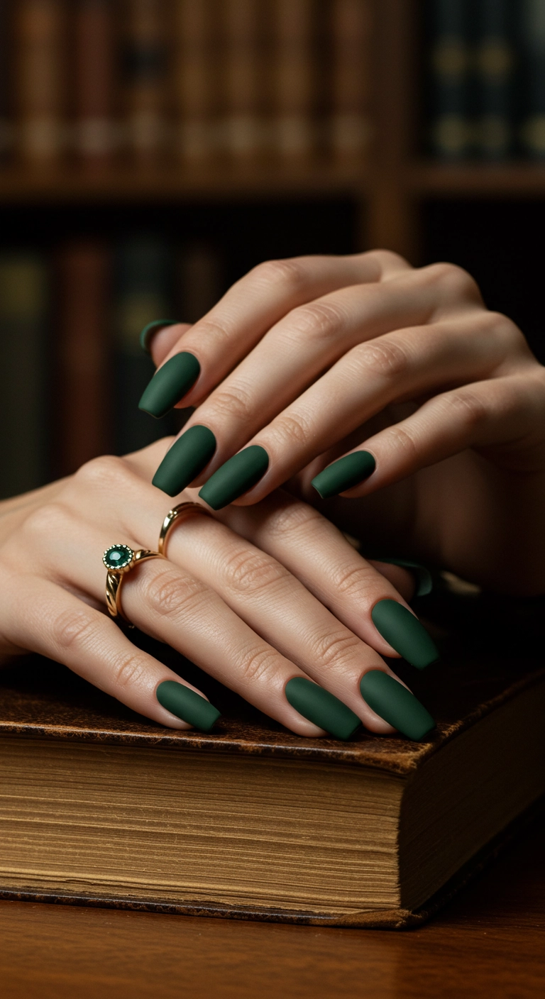 Moody shot of coffin nails in a sophisticated deep forest green with a matte finish.