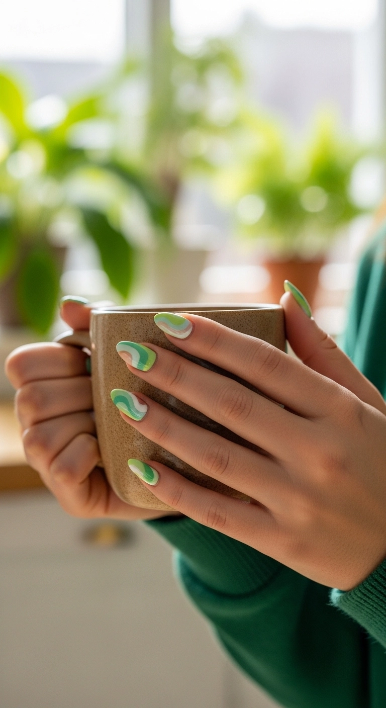 Hands with almond-shaped nails featuring a trendy pastel green and white swirl design.