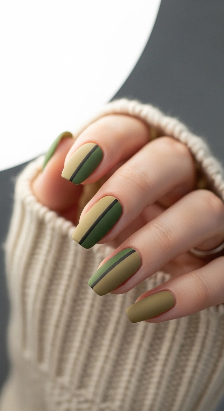 Chic squoval nails with a modern two-tone design in olive green and khaki.