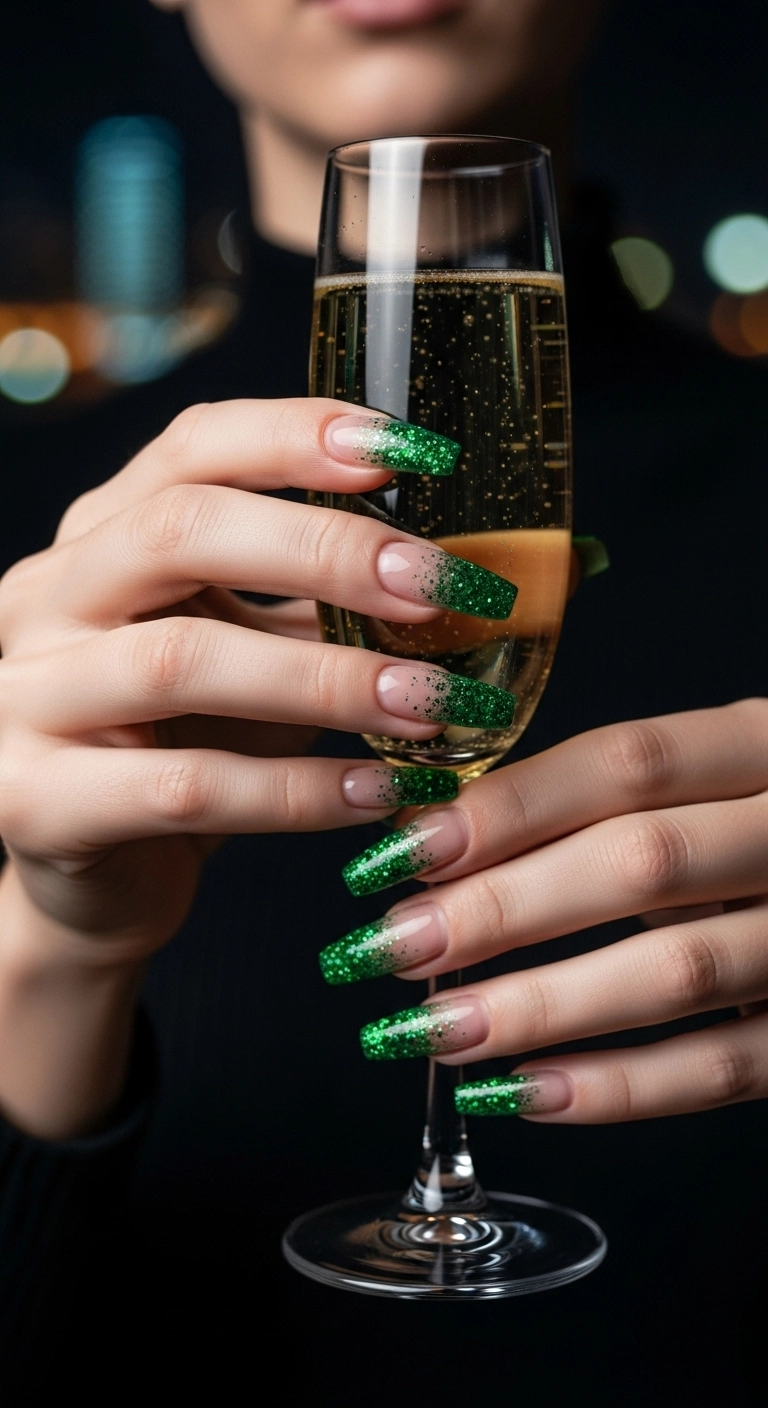 Dramatic coffin nails with a sparkling emerald green glitter ombré effect.