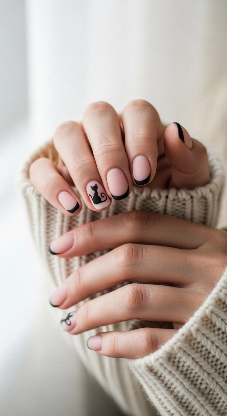 Short, rounded nails with a sheer nude base and a thin black French tip, featuring a minimalist black cat silhouette on one nail.