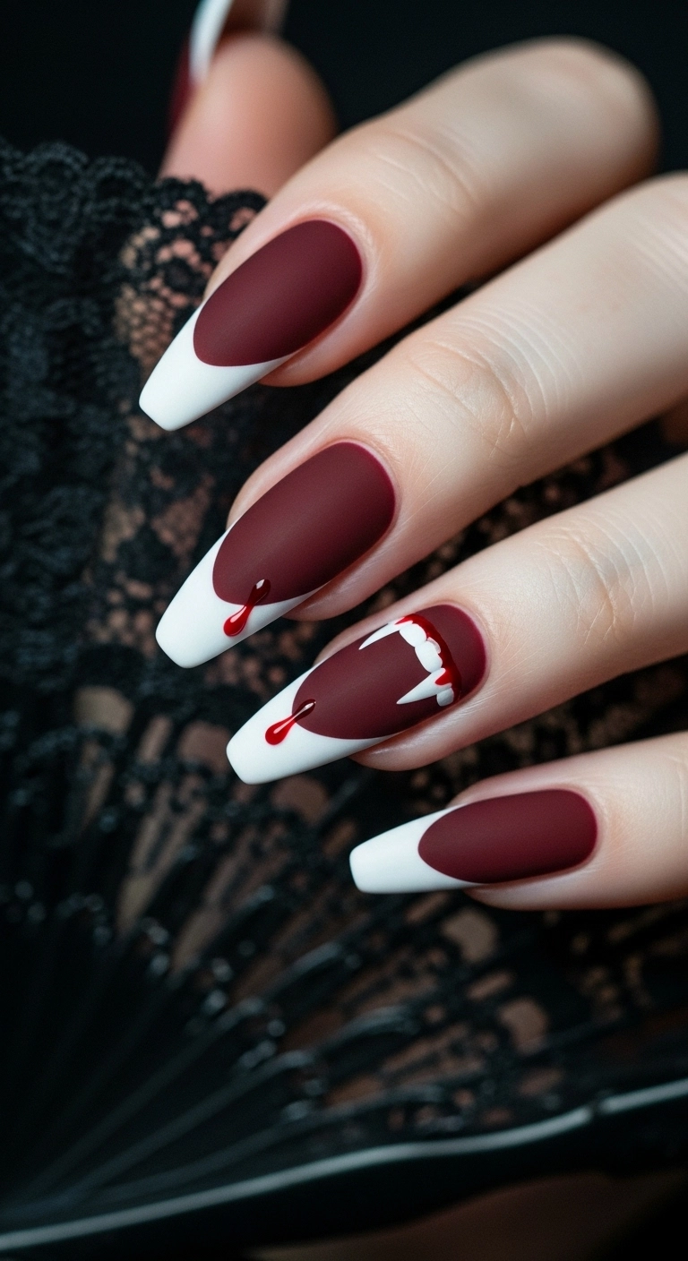 Stiletto nails with a matte burgundy base and a sharp white V-shaped French tip that looks like vampire fangs.