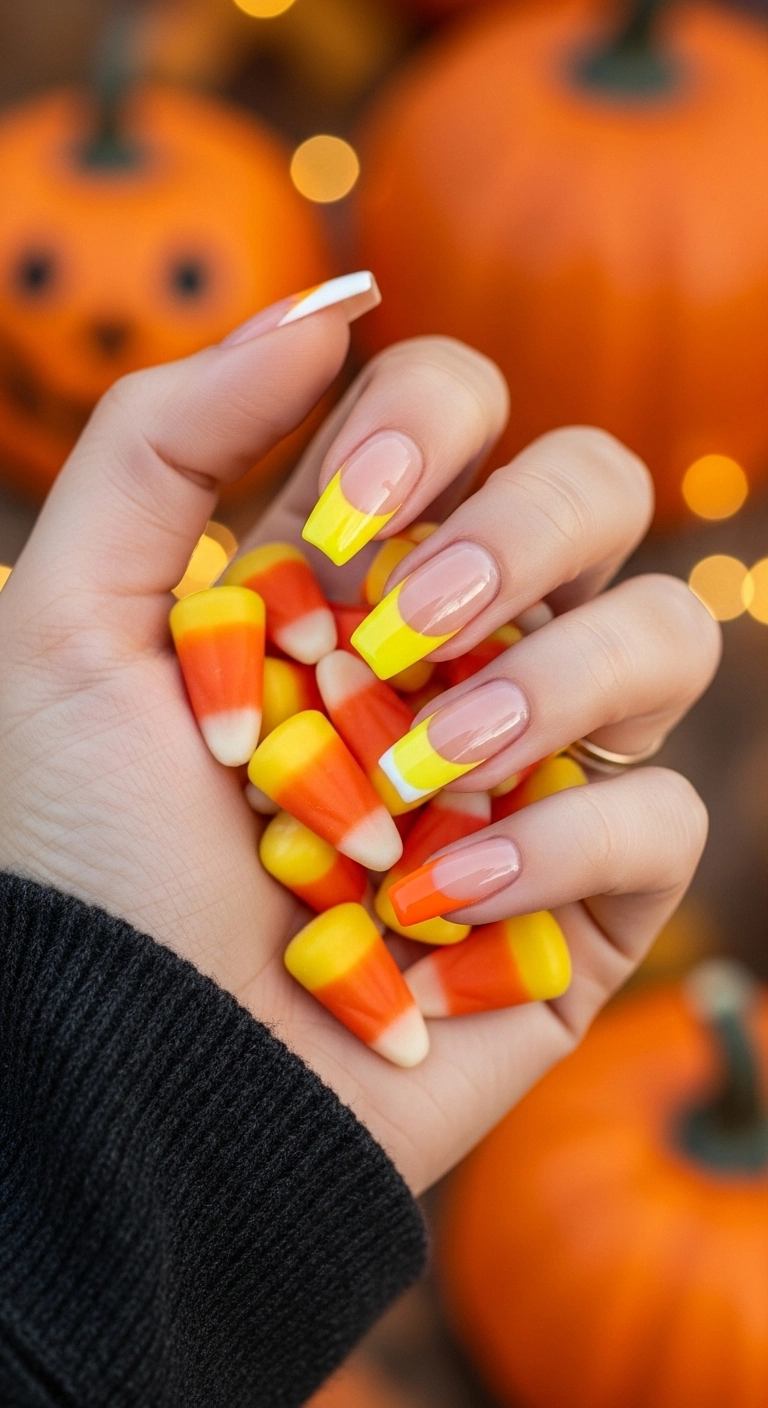 Coffin-shaped nails with a glossy candy corn ombré French tip, fading from white to orange to yellow.