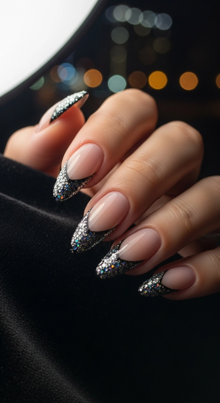 Almond-shaped nails with a nude base and a sharp V-shaped French tip made of black and silver glitter.