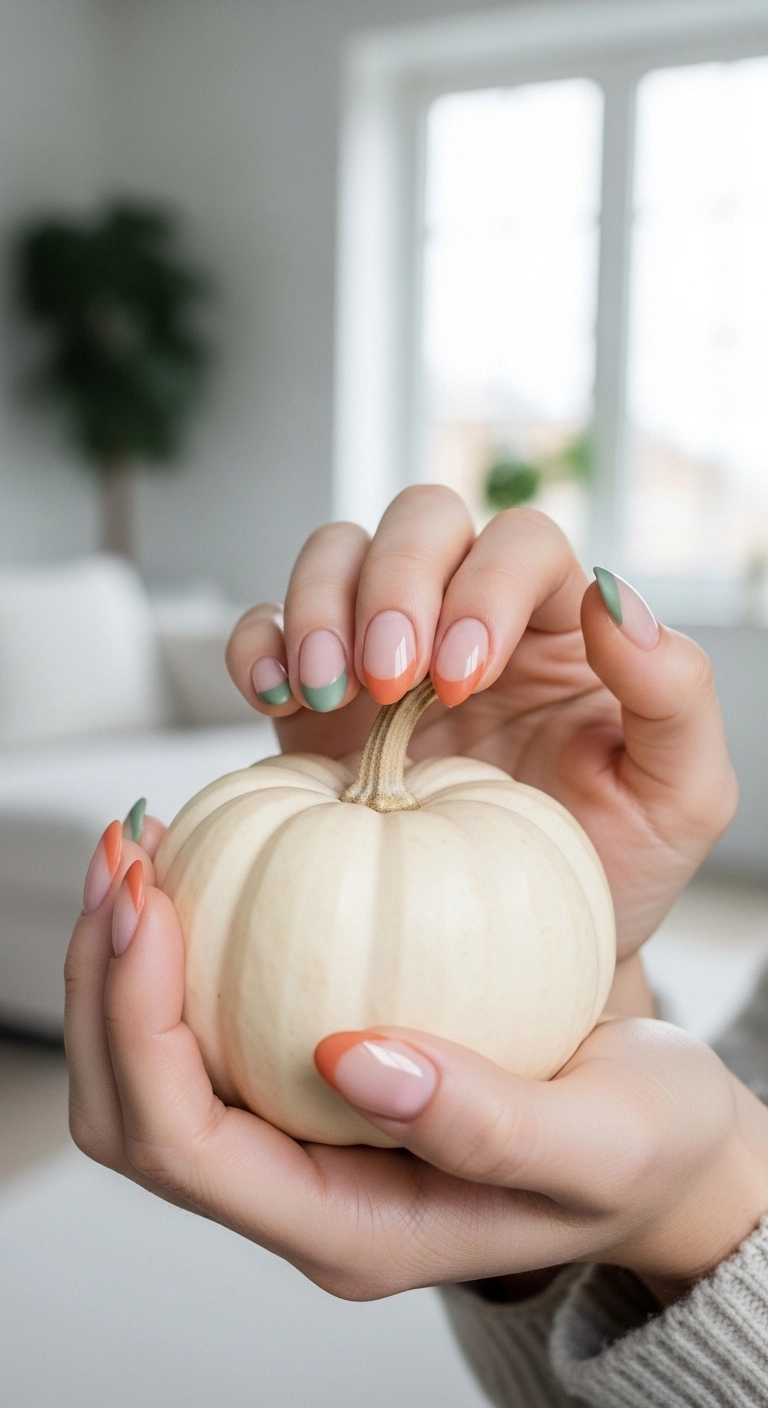 Oval nails with a nude base and alternating French tips in muted orange and sage green for a subtle Halloween look.
