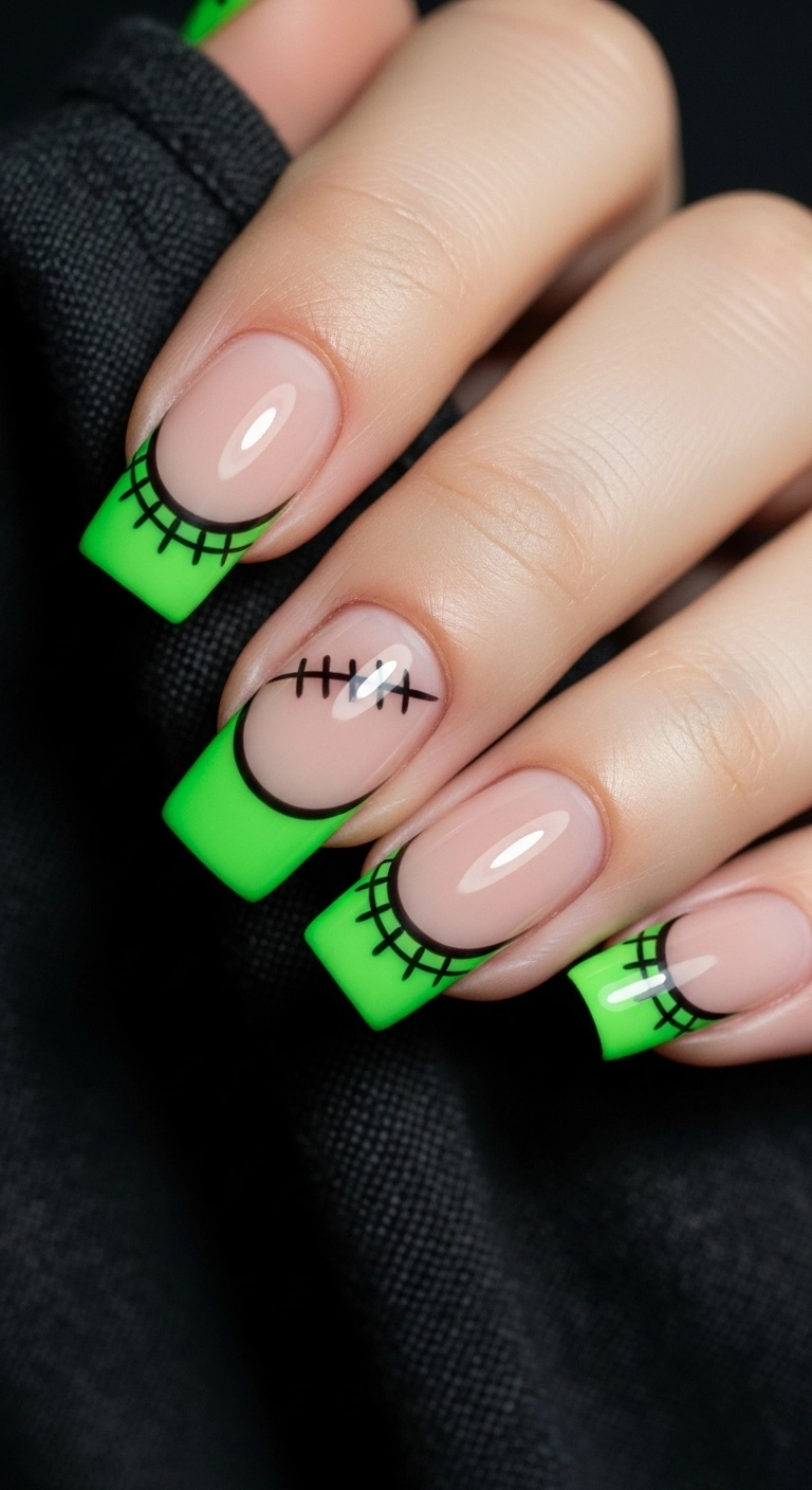 Square nails with lime green French tips and a black line with stitches, inspired by Frankenstein.
