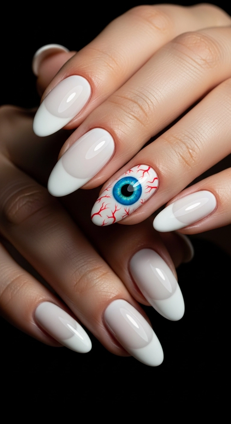 Oval nails with white French tips, with one accent nail featuring a realistic blue eyeball design.