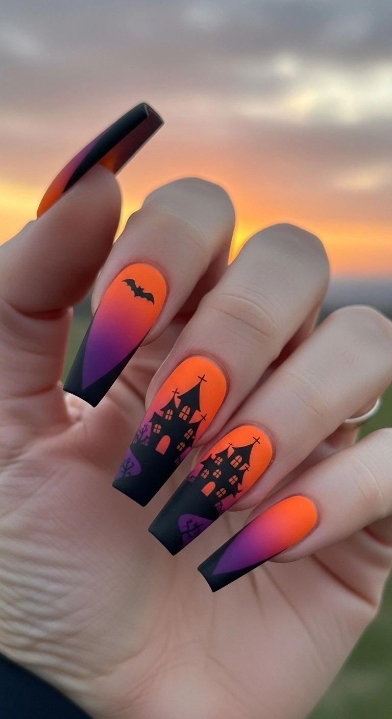 Coffin nails with a sunset ombré base and a black silhouette of a haunted house on the French tip.