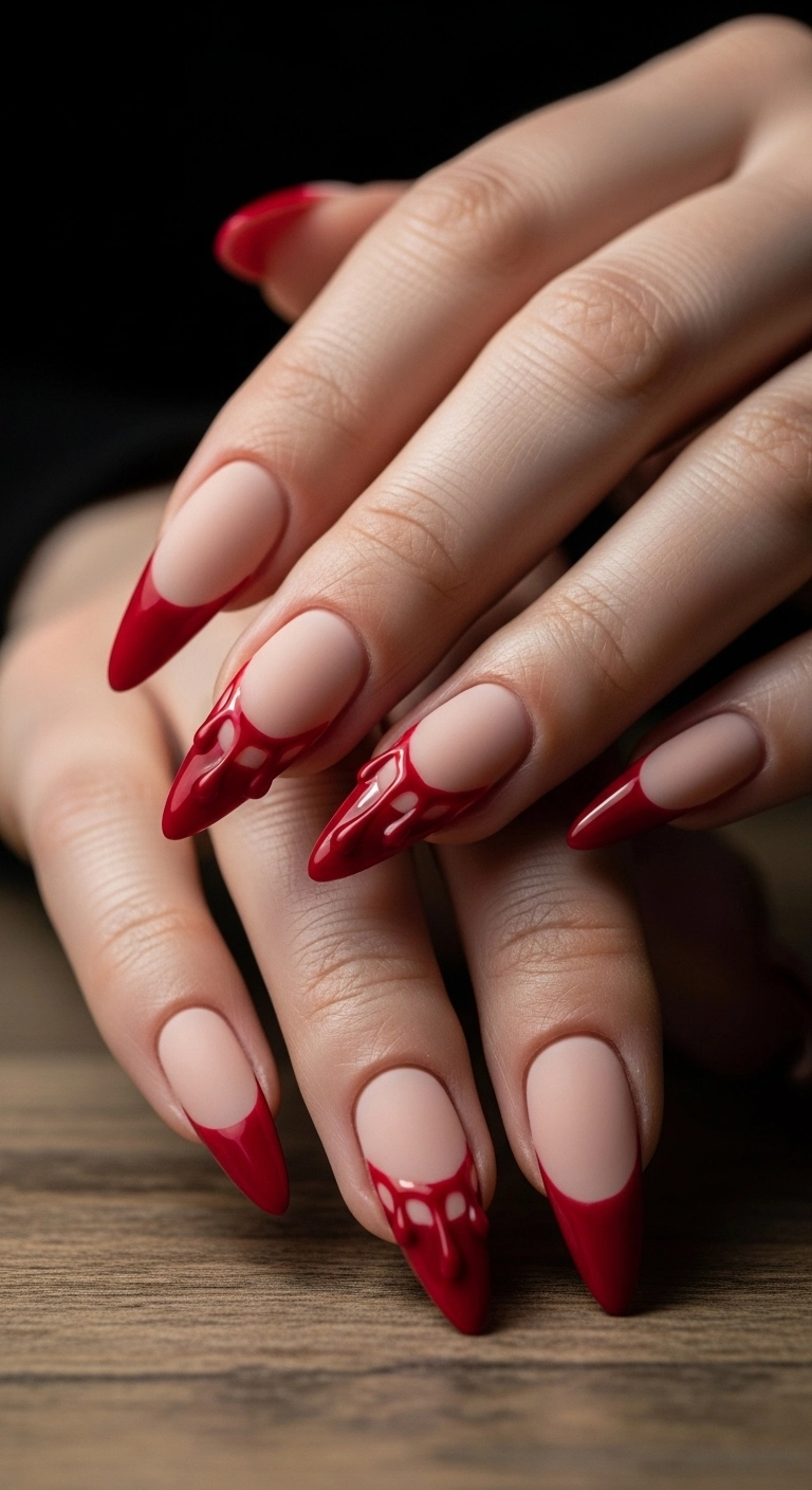 Stiletto nails with a nude base and realistic red blood drips forming a French tip design.