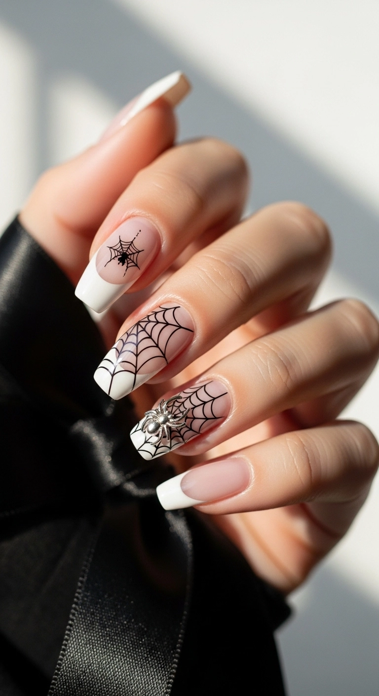 Elegant squoval nails with a classic white French tip overlaid with a delicate black spiderweb design.