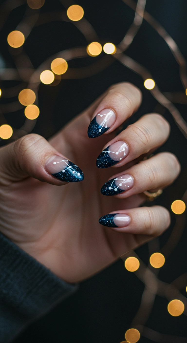 Almond nails with a midnight blue glitter base and a silver crescent French tip with white constellation designs.
