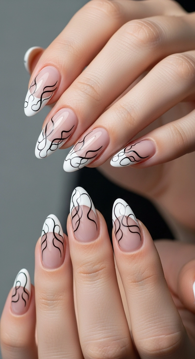 Almond nails with a white French tip that has abstract black lines swirling over it for a spooky effect.
