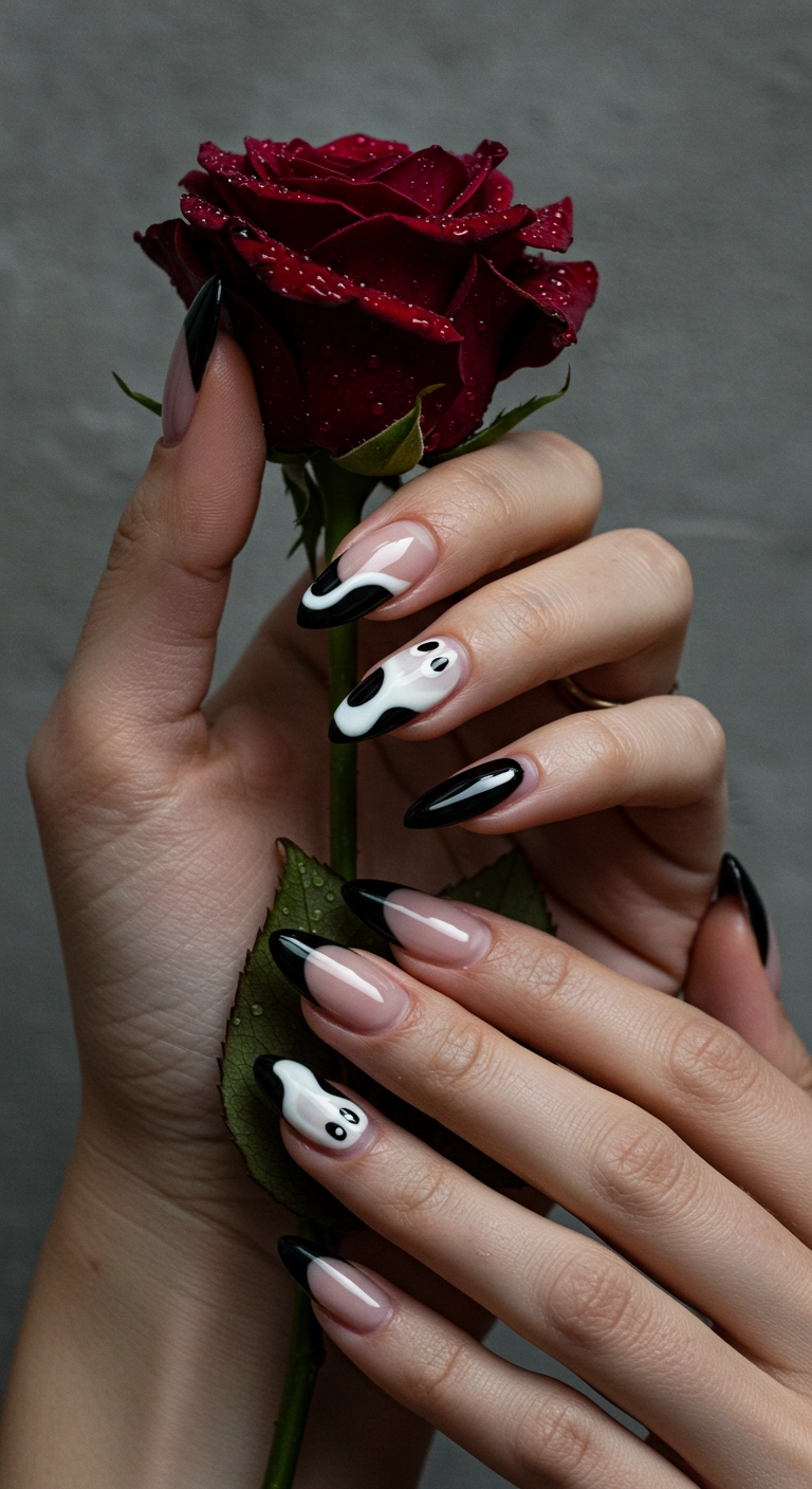 Almond-shaped nails with a black base and white ghost-shaped French tips for a Halloween look.