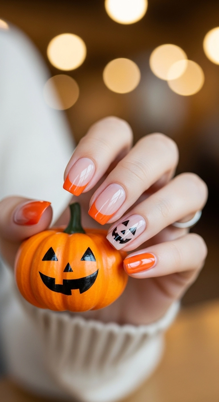 Rounded nails with orange French tips, featuring a black Jack-O'-Lantern smile on the ring finger.
