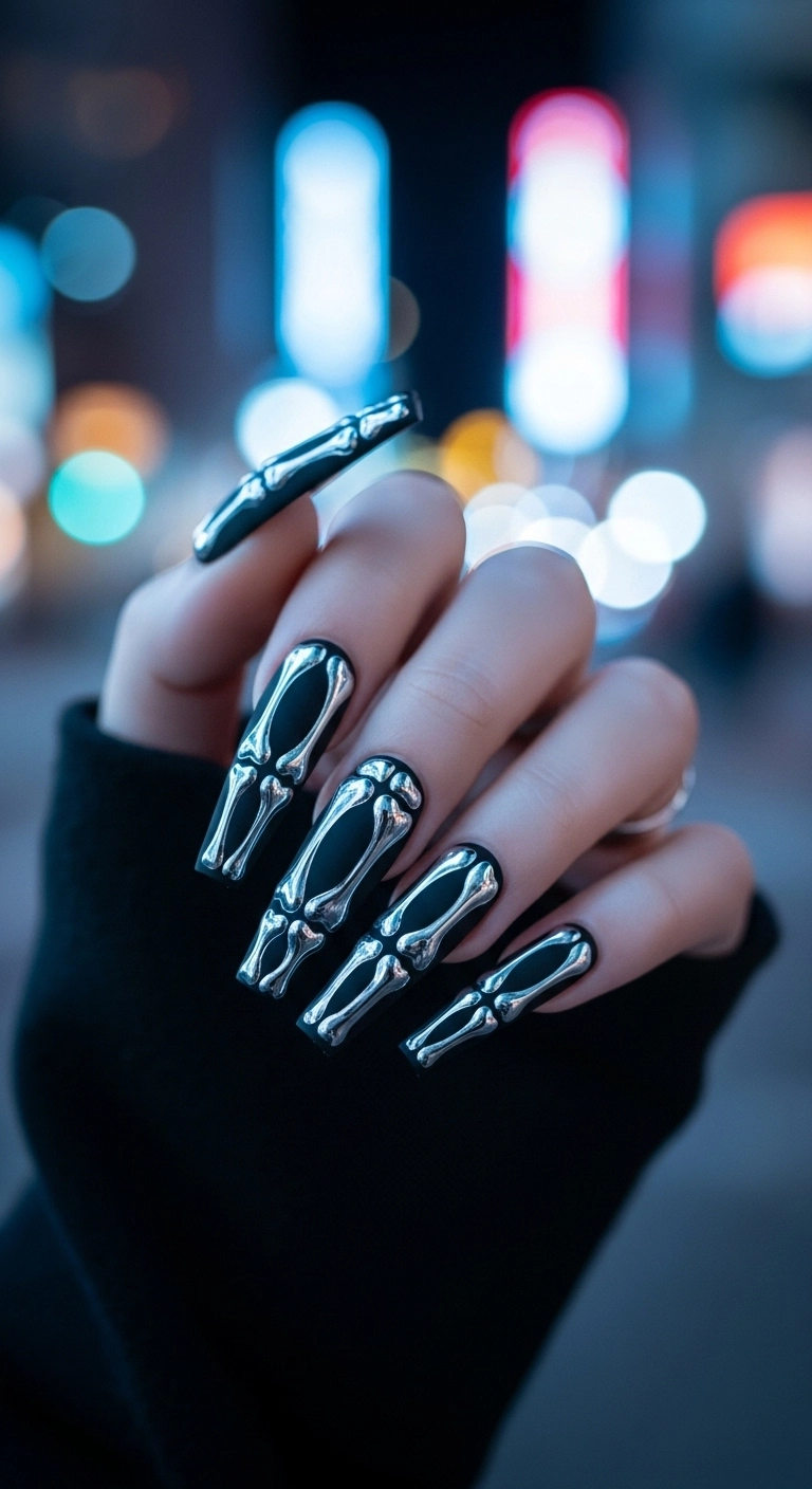Long coffin nails with a matte black base and a silver chrome design of skeleton finger bones on the tips.