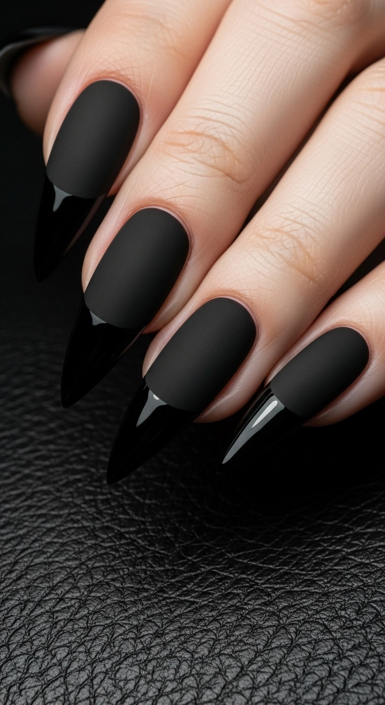 Black stiletto nails with a matte base and a glossy black French tip, creating a texture contrast.